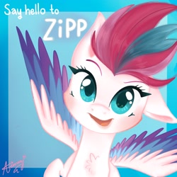 Size: 2048x2048 | Tagged: safe, artist:mlpclovertheclever, zipp storm, pegasus, pony, g5, abstract background, adorazipp, chest fluff, cute, female, floppy ears, high res, looking at you, mare, open mouth, signature, solo, spread wings, text, wings