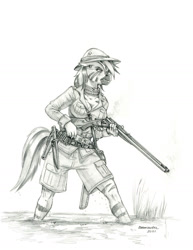 Size: 1100x1423 | Tagged: safe, artist:baron engel, oc, oc only, oc:ujazira, zebra, anthro, belt, belt buckle, breasts, cleavage, clothes, explorer outfit, female, grayscale, gun, hat, mare, marsh, monochrome, pencil drawing, pith helmet, reloading, rifle, safari hat, solo, story included, traditional art, weapon, zebra oc
