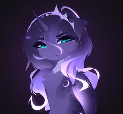 Size: 4000x3690 | Tagged: safe, artist:magnaluna, princess luna, alicorn, pony, :<, angry, black background, cheek fluff, chest fluff, crown, cute, ear fluff, female, floppy ears, fluffy, frown, glare, gradient background, jewelry, looking at you, lunabetes, madorable, mare, regalia, shoulder fluff, simple background, sitting, slit pupils, solo