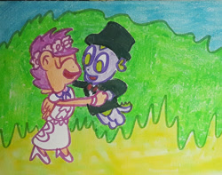 Size: 1280x1010 | Tagged: safe, artist:dex stewart, scootaloo, spike, dragon, pegasus, pony, anthro, a canterlot wedding, g4, clothes, dancing, female, floral head wreath, flower, flower filly, flower girl, flower girl dress, hat, male, marriage, ship:scootaspike, shipping, straight, tuxedo, wedding