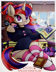 Size: 2695x3500 | Tagged: safe, artist:canvymamamoo, moondancer, twilight sparkle, unicorn, anthro, semi-anthro, :3, :p, book, bookshelf, breasts, clothes, colored pupils, ear fluff, female, glasses, high res, holding, lamp, looking at you, mare, plushie, predictions and prophecies, sitting, smiling, socks, solo, striped socks, sweater, tongue out, twilight sparkle plushie, underwear, unicorn twilight