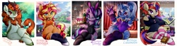 Size: 4096x1089 | Tagged: safe, artist:canvymamamoo, autumn blaze, moondancer, starlight glimmer, sunset shimmer, trixie, twilight sparkle, kirin, rabbit, unicorn, semi-anthro, :3, :p, alcohol, alternate hairstyle, animal, arm behind back, awwtumn blaze, belly button, book, bookshelf, bottle, bowtie, breasts, bunnified, bunny ears, bunny suit, cherry blossoms, chest fluff, clothes, cloven hooves, cuffs (clothes), cute, cute little fangs, ear fluff, ear piercing, earring, eyeshadow, fangs, female, floppy ears, flower, flower blossom, frog (hoof), glass, glasses, grin, hat, holding, hoof shoes, implied transformation, jewelry, lamp, leggings, leotard, looking at you, magic wand, magical quartet, magician outfit, makeup, mare, one eye closed, open mouth, park, piercing, plushie, ponytail, predictions and prophecies, question mark, serving tray, shorts, sitting, smiling, smiling at you, socks, sports bra, sports shorts, stockings, striped socks, suit, sun ray, sweater, thigh highs, tongue out, top hat, tray, tree, underhoof, underwear, unicorn twilight, wine, wine bottle, wine glass, wink, winking at you