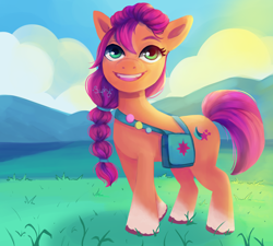 Size: 5004x4500 | Tagged: safe, artist:saphypone, sunny starscout, earth pony, pony, g5, absurd resolution, bag, braid, cloud, coat markings, cute, female, grass, looking at you, mare, mountain, open mouth, signature, sky, socks (coat markings), solo, sunnybetes, unshorn fetlocks