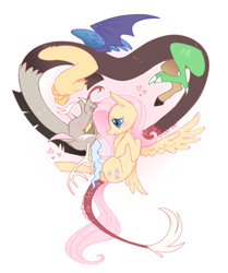 Size: 677x810 | Tagged: safe, artist:vergolophus, discord, fluttershy, draconequus, pegasus, pony, g4, bedroom eyes, blushing, cute, female, flying, heart, male, mare, ship:discoshy, shipping, simple background, spread wings, straight, tongue out, white background, wings