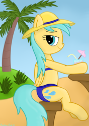 Size: 2857x4032 | Tagged: safe, artist:rainbowšpekgs, sunshower raindrops, pegasus, pony, g4, beach, clothes, drink, female, glass, hat, outdoors, palm tree, plants, sand, sky, solo, stool, straw, straw hat, swimsuit, table, tree, umbrella