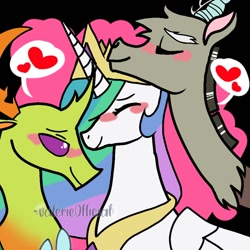 Size: 1000x1000 | Tagged: safe, artist:valerie0fficial, discord, princess celestia, thorax, alicorn, changedling, changeling, draconequus, pony, g4, blushing, celestia gets all the stallions, female, heart, king thorax, male, mare, polyamory, ship:dislestia, shipping, straight, thoralestia