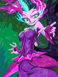 Size: 752x1005 | Tagged: safe, artist:xjleiu, sci-twi, twilight sparkle, equestria girls, g4, my little pony equestria girls: friendship games, bare shoulders, clothes, dress, fangs, female, midnight sparkle, sleeveless, solo, strapless