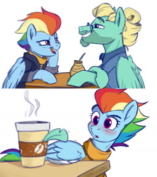 Size: 1280x1440 | Tagged: safe, artist:rutkotka, part of a set, rainbow dash, zephyr breeze, pony, comic:zephyr/dash sketched story, g4, coffee, facial hair, feather, female, goatee, male, moustache, older, older rainbow dash, older zephyr breeze, ship:zephdash, shipping, simple background, sketch, straight, white background