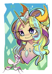 Size: 700x1000 | Tagged: safe, artist:duckjifs246, oc, oc only, oc:vedalia, changepony, hybrid, mantis, pony, abstract background, bust, eye clipping through hair, female, mare, solo