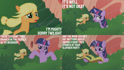 Size: 1280x720 | Tagged: safe, edit, edited screencap, editor:quoterific, screencap, applejack, twilight sparkle, earth pony, pony, unicorn, g4, look before you sleep, season 1, book, duo, duo female, female, glowing horn, golden oaks library, hatless, horn, magic, magic aura, mare, missing accessory, open mouth, priorities, rain, scrunchy face, that pony sure does love books, tree, unicorn twilight, wet, wet mane, wind