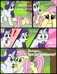 Size: 2318x3000 | Tagged: safe, artist:doodledonutart, fluttershy, rarity, pegasus, pony, unicorn, comic:fluttersigh, g4, comic, exclamation point, heart eyes, high res, wingding eyes