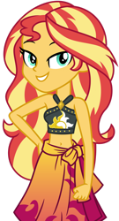 Size: 1024x1902 | Tagged: safe, artist:emeraldblast63, sunset shimmer, equestria girls, equestria girls specials, g4, my little pony equestria girls: better together, my little pony equestria girls: forgotten friendship, bare shoulders, belly button, bikini, clothes, female, grin, hand on hip, sarong, simple background, sleeveless, smiling, solo, swimsuit, teeth, transparent background, vector