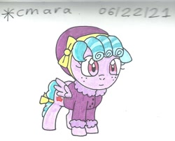 Size: 916x738 | Tagged: safe, artist:cmara, cozy glow, pegasus, pony, g4, clothes, coat, female, filly, freckles, hat, simple background, solo, traditional art, white background