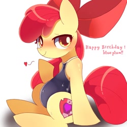 Size: 768x768 | Tagged: safe, artist:erufi, apple bloom, earth pony, pony, g4, blushing, clothes, female, filly, floating heart, happy birthday, heart, looking at you, offscreen character, one-piece swimsuit, pov, solo, swimsuit