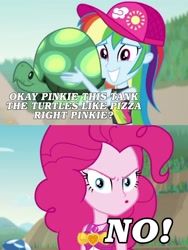 Size: 1717x2284 | Tagged: safe, edit, edited screencap, screencap, pinkie pie, rainbow dash, tortoise, turtle, aww... baby turtles, equestria girls, friendship math, g4, my little pony equestria girls: better together, angry, angry pinkie pie, clothes, no, pinkie pie is not amused, pinkie rage, swimsuit, unamused