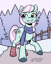 Size: 1653x2048 | Tagged: safe, artist:robin easter, minty (g5), earth pony, pony, g5, clothes, female, fence, forest, mare, ponies in socks, scarf, snow, socks, solo, unshorn fetlocks