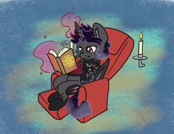 Size: 2475x1913 | Tagged: safe, artist:leadhooves, king sombra, oc, oc only, alicorn, pony, unicorn, armchair, bat wings, book, chair, commission, ethereal mane, freckles, levitation, magic, male, plushie, reading, sitting, solo, stallion, telekinesis, wings