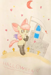 Size: 1389x2048 | Tagged: safe, artist:applebloomlove, apple bloom, earth pony, pony, g4, castle, female, filly, halloween, heart, holiday, pumpkin, scythe, solo