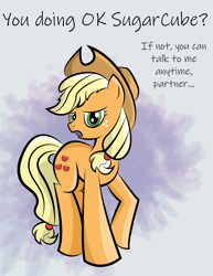 Size: 2550x3300 | Tagged: safe, artist:vareb, applejack, earth pony, pony, g4, cel shading, high res, looking at you, positive ponies, ryzada, shading, talking to viewer, text