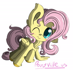 Size: 2600x2500 | Tagged: safe, artist:hisp, fluttershy, pegasus, pony, g4, adorable face, blushing, cute, daaaaaaaaaaaw, fluffy, high res, leaning on something, long hair, neck fluff, one eye closed, shyabetes, simple background, solo, url, wink