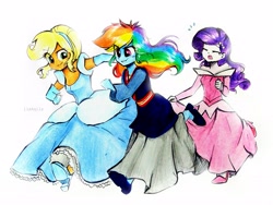 Size: 3709x2782 | Tagged: safe, artist:liaaqila, applejack, rainbow dash, rarity, equestria girls, and then there's rarity, applejack also dresses in style, cinderella, clothes, clothes swap, commission, costume, crossover, disney, disney princess, dress, evening gloves, female, gloves, gown, hairband, high heels, high res, long gloves, mulan, princess aurora, rainbow dash always dresses in style, running, shoes, sleeping beauty, traditional art, trio, watercolor painting