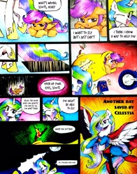 Size: 2733x3490 | Tagged: safe, artist:liaaqila, princess celestia, scootaloo, alicorn, pegasus, pony, g4, cannon, comic, cute, duo, duo female, female, filly, glowing, glowing horn, high res, horn, magic, mare, match, one eye closed, pony cannonball, scootaloo can't fly, telekinesis, thumbs up, to the moon, traditional art, trapdoor, trollestia, wings, wink