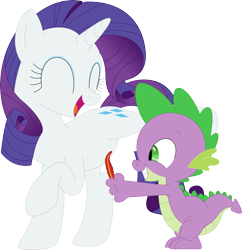 Size: 3429x3544 | Tagged: safe, artist:porygon2z, rarity, spike, dragon, pony, unicorn, g4, belly tickling, eyes closed, feather, female, grin, high res, laughing, male, mare, open mouth, open smile, sharp teeth, ship:sparity, shipping, simple background, smiling, standing on two hooves, straight, teeth, tickling, transparent background, vector