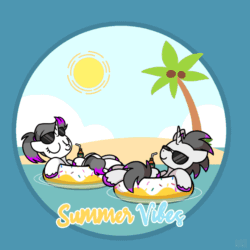 Size: 1000x1000 | Tagged: safe, artist:sugar morning, oc, oc only, oc:haze rad, oc:hazel radiate, pony, unicorn, animated, aviator sunglasses, beach, colored hooves, commission, commissioner:biohazard, drink, duo, eyes closed, eyewear, female, floating, floaty, gif, highlights, horn, inflatable, inflatable toy, male, mare, palm tree, ponytail, pool toy, relaxing, self ponidox, smiling, stallion, straw, sugar morning's summer vibes, summer, sun, sunglasses, sunglasses on head, text, tree, unicorn oc, ych result