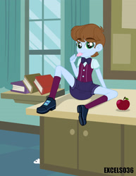 Size: 2550x3300 | Tagged: safe, alternate version, artist:excelso36, oc, oc only, oc:blue bonnet, equestria girls, g4, apple, bowtie, classroom, clothes, crystal prep academy uniform, diaper, diaper fetish, fetish, food, high res, kid, non-baby in diaper, school uniform, shorts, socks, solo