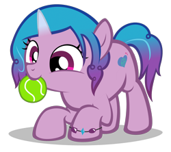 Size: 1940x1720 | Tagged: safe, artist:strategypony, izzy moonbow, pony, unicorn, g4, g5, ball, behaving like a dog, bracelet, cute, female, filly, filly izzy moonbow, foal, g5 to g4, generation leap, izzy's tennis ball, izzybetes, jewelry, nom, simple background, solo, tennis ball, that pony sure does love tennis balls, transparent background