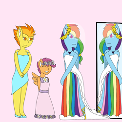 Size: 2048x2048 | Tagged: safe, artist:mintymelody, rainbow dash, scootaloo, spitfire, anthro, g4, clothes, dress, high res, implied shipping, implied soarindash, implied straight, marriage, veil, wedding, wedding dress