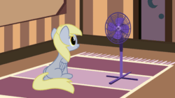 Size: 1920x1080 | Tagged: safe, artist:kusochekcat, derpy hooves, pegasus, pony, g4, animated, carpet, electric fan, female, gif, mare, show accurate, sitting, smiling, solo