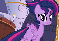 Size: 1532x1080 | Tagged: safe, screencap, twilight sparkle, alicorn, pony, castle sweet castle, g4, season 5, alternate hairstyle, butt, cropped, female, folded wings, looking back, mare, plot, punklight sparkle, solo, tail, tail pull, twibutt, twilight sparkle (alicorn), wings