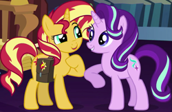 Size: 1023x665 | Tagged: safe, screencap, starlight glimmer, sunset shimmer, pony, unicorn, equestria girls, equestria girls specials, g4, my little pony equestria girls: mirror magic, bag, cropped, cute, duo, female, glimmerbetes, mare, saddle bag, shimmerbetes, smiling