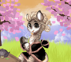 Size: 3465x3000 | Tagged: safe, artist:papuruartist, oc, oc only, oc:mikaella, donkey, hybrid, pony, zebroid, zonkey, cherry blossoms, clothes, commission, female, flower, flower blossom, food, high res, kimono (clothing), solo, tea, teapot, ych result
