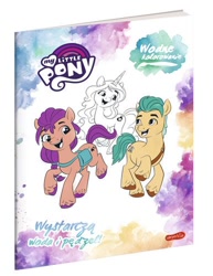Size: 386x500 | Tagged: safe, hitch trailblazer, izzy moonbow, sunny starscout, earth pony, pony, unicorn, g5, official, spoiler:g5, book, book cover, coloring book, cover, female, harpercollins, male, mare, my little pony logo, polish, stallion