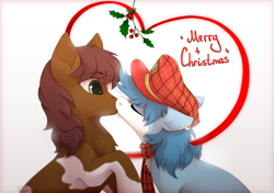 Size: 1500x1056 | Tagged: safe, artist:reysi, oc, oc only, oc:mad munchkin, earth pony, pony, clothes, hat, holly, holly mistaken for mistletoe, kissing, scarf