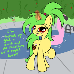 Size: 2000x2000 | Tagged: safe, artist:dafiltafish, oc, oc only, oc:piña, pony, unicorn, alcohol, high res, inflatable toy, looking at you, magic, martini, solo, swimming pool, text