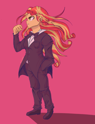 Size: 1972x2579 | Tagged: safe, artist:fatjelyfish, sunset shimmer, equestria girls, g4, bowtie, button, clothes, collar, cute, determined, dress shirt, eye shimmer, eyelashes, hand in pocket, pocket, red background, shadow, shimmerbetes, simple background, solo, suit, teeth, tuxedo, windswept hair