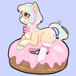 Size: 2000x2000 | Tagged: safe, artist:yumomochan, bow, clothes, collar, donut, food, full body, glasses, high res, lying down, male, pastel, pastel colors, smiling, socks, stallion
