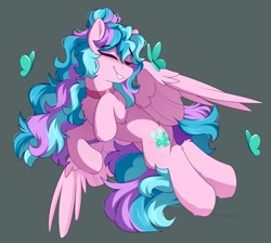 Size: 2343x2100 | Tagged: safe, artist:crimmharmony, oc, oc only, butterfly, pegasus, pony, choker, eyes closed, flying, high res, multicolored mane, simple background, smiling, solo, spread wings, wings