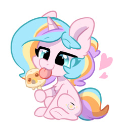 Size: 905x947 | Tagged: safe, artist:oofycolorful, part of a set, oc, oc only, oc:oofy colorful, pony, unicorn, chest fluff, chibi, female, food, heart, ice cream, looking at something, simple background, sitting, solo, white background