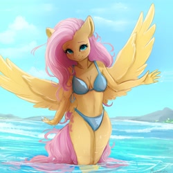 Size: 4000x4000 | Tagged: safe, artist:miokomata, fluttershy, pegasus, anthro, g4, beach, belly button, bikini, breasts, busty fluttershy, cleavage, clothes, female, freckles, freckleshy, legs in the water, legs together, looking at you, mare, outdoors, solo, spread wings, standing in water, summer, swimsuit, water, watershy, wings