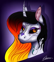 Size: 1194x1370 | Tagged: safe, artist:eperyton, oc, oc only, pony, unicorn, black sclera, curved horn, ear fluff, gradient background, horn, makeup, signature, smiling, solo, tattoo, unicorn oc