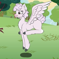Size: 914x914 | Tagged: safe, artist:droopihorn, oc, oc only, pegasus, pony, colored hooves, eyelashes, female, mare, outdoors, pegasus oc, pronking, smiling, solo, tree, wings