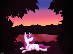 Size: 2001x1500 | Tagged: safe, artist:misskanabelle, oc, oc only, oc:melodybeat, pony, unicorn, horn, lake, looking back, lying down, outdoors, prone, signature, smiling, solo, sploot, twilight (astronomy), unicorn oc