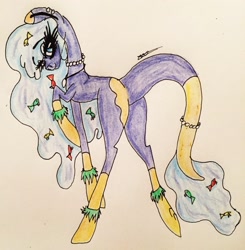 Size: 2396x2445 | Tagged: safe, artist:beamybutt, oc, oc only, earth pony, fish, pony, coat markings, earth pony oc, eyelashes, female, high res, jewelry, mare, necklace, pearl necklace, raised hoof, signature, socks (coat markings), solo, traditional art