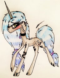 Size: 2088x2717 | Tagged: safe, artist:beamybutt, oc, oc only, pony, unicorn, blushing, choker, eyelashes, female, high res, horn, mare, raised hoof, signature, solo, traditional art, unicorn oc