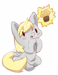 Size: 921x1191 | Tagged: safe, artist:bubbletea, derpy hooves, pegasus, pony, g4, background pony, blushing, chibi, chubby, cute, derp, derpabetes, doodle, food, mailmare, mailpony, muffin, simple background, white background