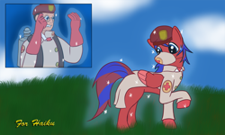 Size: 1250x750 | Tagged: safe, artist:ryusuta, human, pony, beret, clothes, cloud, crossover, duo, glasses, hat, looking back, male, medic, medic (tf2), outdoors, ponified, raised hoof, stallion, sweat, sweatdrop, team fortress 2, transformation, two toned wings, wings